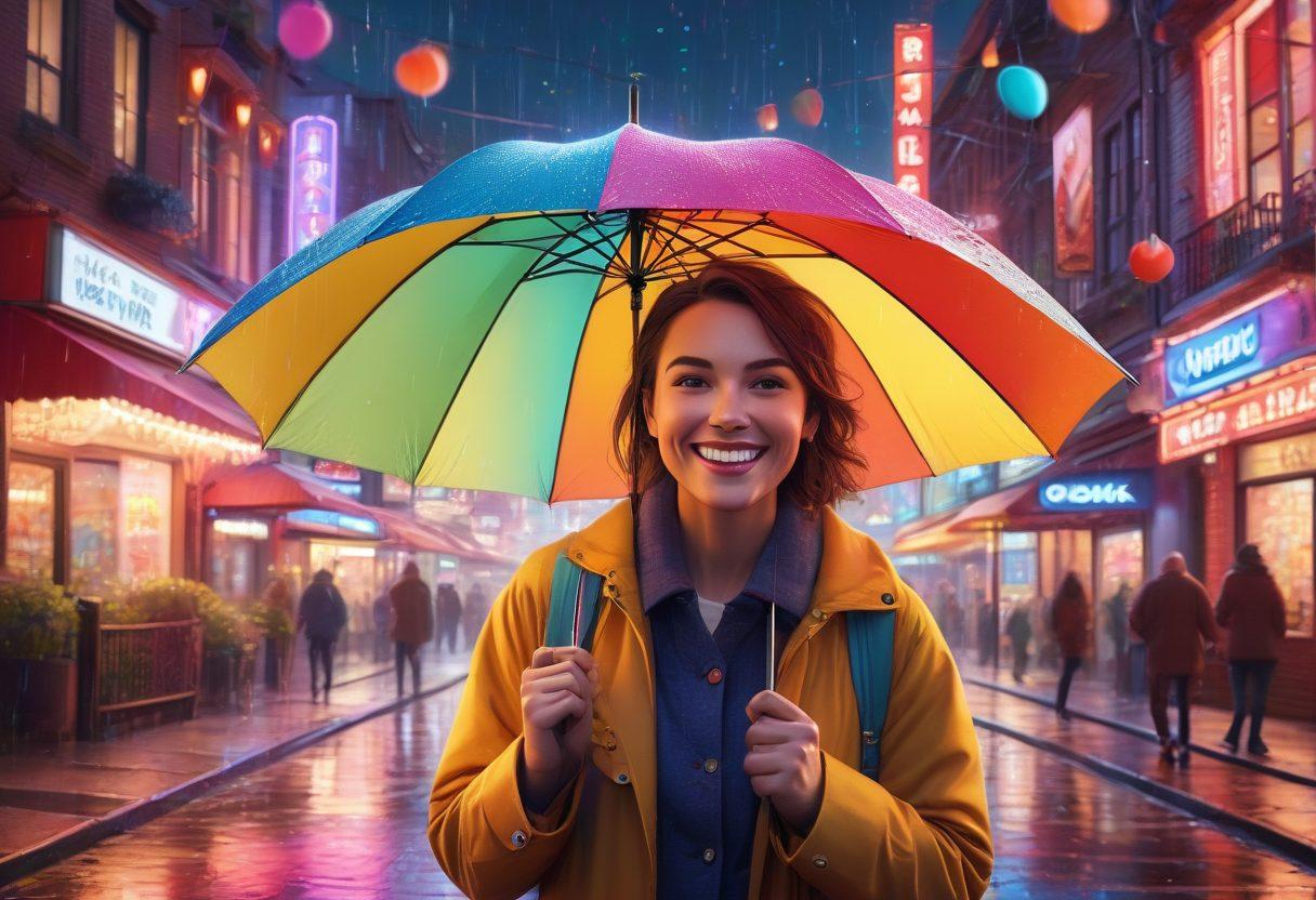 A playful cartoon-style depiction of an umbrella shielding a smiling, adult character from falling rain of hearts and playful icons representing adult entertainment. The background features a whimsical cityscape with neon signs, creating a vibrant nightlife atmosphere. Add splashes of color and a hint of mischief in the character's expression to highlight the theme of satisfaction and exploration. cartoon style. vibrant colors. playful tone.