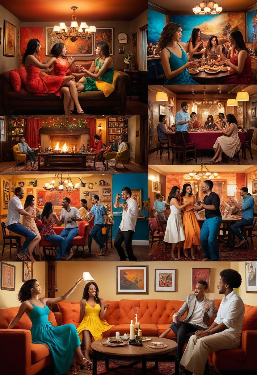 A vibrant collage depicting diverse forms of adult entertainment, featuring joyful individuals engaging in various activities: dancing, laughter, and sensual experiences. Include elements of pleasure like soft lighting, elegant décor, and cozy intimate settings. Use bright, rich colors to evoke a sense of happiness and exploration. Emphasize feelings of joy and connection among different cultures. super-realistic. vibrant colors.